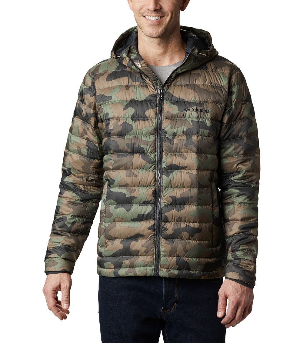Mens Sister Brook Hooded Down Jacket Cypress Traditional Camo | Columbia